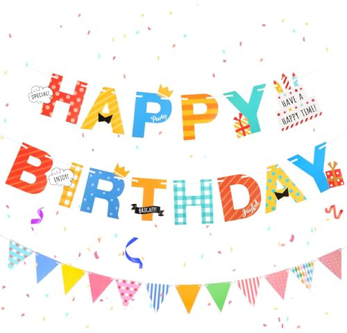 jwogngls 2 Stück Happy Birthday Girlande Set, Kuchen Girlande Geburtstag, Bunt Happy Birthday Banner mit 5m Schleifenband für Erwachsene, Kinder, Mädchen und Frauen