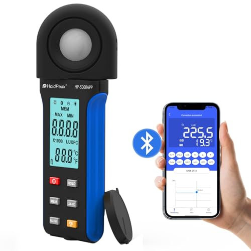 H HOLDPEAK Luxmetro Digitale Tester per Misurazione Luminosita 400,000 Lux 5000APP, Misuratori di Luce, Posemetro Digitale Portatile Ambientale, per Luce LED/Piante, Rotativo 270º, APP Operazione