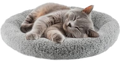 LESYPET Cat Bed for Indoor Cats, Small Pet Bed Curl Sleep Cushion with Raised Pillow Around, Non-Slip Bottom Washable Pet Beds Mat for Small Pets Rabbit Hamsters, Round Diameter 15.7