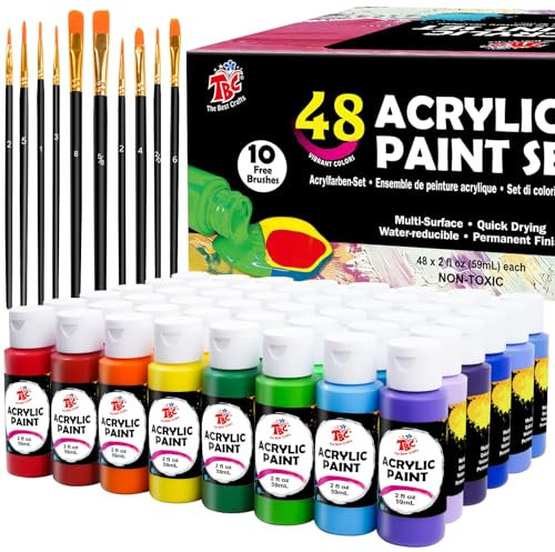 TBC Acrylfarben Set 48 x 60ml Acrylic Paint Set mit 10 Pinseln Wasserfest und Lichtecht Schnell Trocknend, Acrylfarbe für DIY Stein, Keramik, Holz, Leinwand