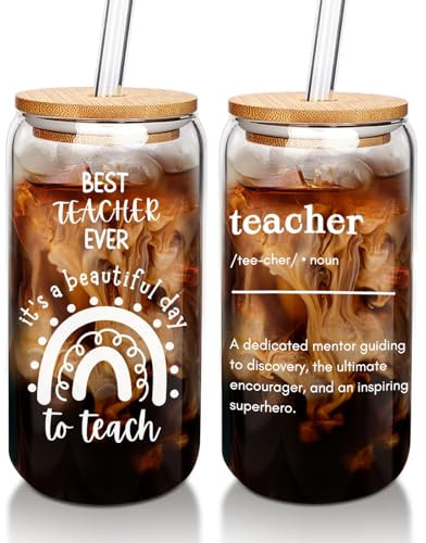 ANOTION Teacher Appreciation Tumbler - Teacher Appreciation Gifts Bulk Teacher Gifts Women Best Teacher Ever Graduation Appreciation Gifts 18oz Borosilicate Teacher Coffee Mug with Lid Straw 2 Packs