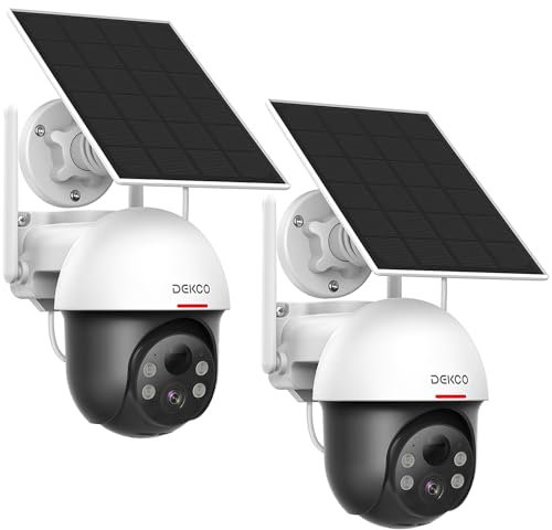 DEKCO Security Cameras Wireless Outdoor, Solar and Battery Powered, Panoramic Pan Tilt Zoom, Auto Tracking, 2K Night Vision, Spotlight, 2-Way Talk, 2 Pack