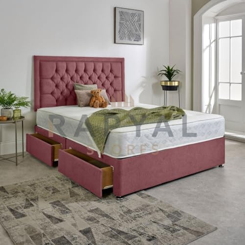 Hf4you Luxury Divan Bed Set in Plush with Chesterfield Bumper Headboard and Memory Sprung Mattress (Pink, 4ft6, 4 Drawers)