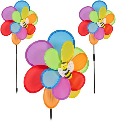 Relaxdays Windrad Garten, 3er Set, Doppelwindrad mit Erdspieß, HxBxT: 69 x 32,5 x 11,5 cm, mit Biene, Windspiel, bunt