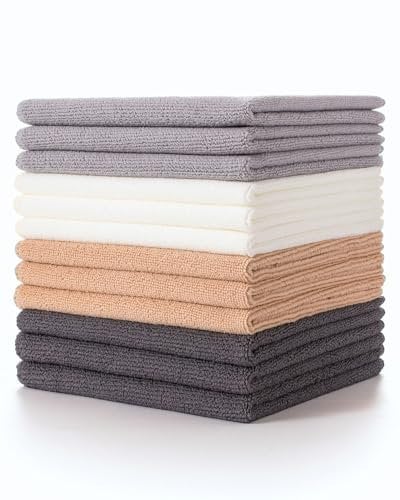 Lumimi Cleaning Cloth 12 Piece Microfiber Ultrafine Very Thick Wiping Drying Well Durable Reusable Multicolored Size 15 x 15 Beige White Light Grey, Pack of 12