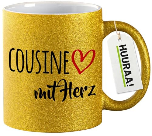 Huuraa Glitzertasse Cousine mit Herz Geschenk | Motivtasse 330ml Glitzer Tasse mit Spruch Gold Keramik Kaffeebecher Geschenkidee Goldener Glitter Becher mit Motiv