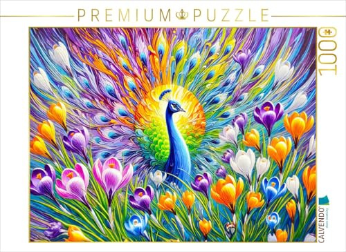 Puzzle · Abstrakter Pfau mit Krokussen in farbenfroher Ölmalerei | Ein eleganter, abstrakter Pfau umgeben von leuchtenden Krokussen, die… · 1000 Teile · Lege-Größe 64 × 48 cm · CALVENDO Puzzle
