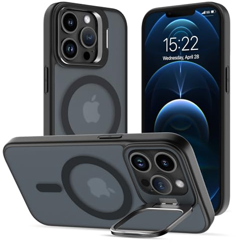 Cover Magnetica per iPhone 12 Pro Max con Cavalletto, Compatibile con Magsafe, Supporto per la Fotocamera Integrato Custodia, Militare Antiurto Sottile Protettiva Traslucida Glassata Case, Nero