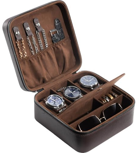 ProCase Porta Orologi da Viaggio, Scatola per Orologi in Pelle PU Portagioie Uomo, Portatile Cofanetto Orologio Custodia Organizer per Uomo/Donna -Marrone/3 Slot