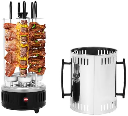 Vertikaler Edelstahl Elektro-Tischgrill inkl. 5 Spieße, BBQ Rundgrill für Schaschlik Gyrosspieße Dreh-Grill Heizmodul mit Schutzgitter, 1000W 20 * 37.5cm