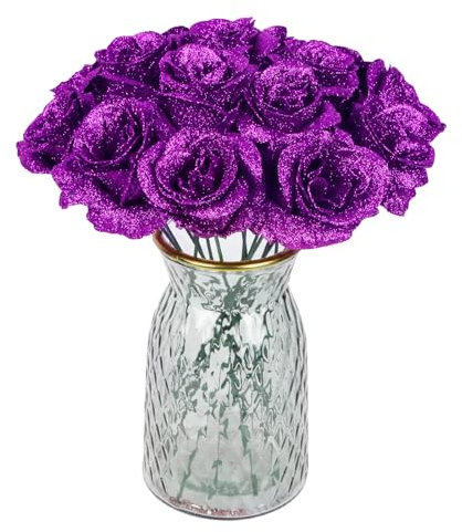 Rzoukler 30 Stück violette Glitzer-Rosen, künstliche Rosen mit Stielen für Bastelarbeiten, Hochzeitsstrauß, Party, Heimdekoration (lila)