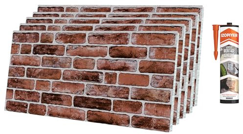 3D Wandpaneele Ziegelsteinoptik Kit, 5er-Pack 50x100 cm Wandpaneele in Steinoptik mit Klebstoff, Leichte Styropor Wandverkleidung in Backsteinoptik für Wohnzimmer, Schlafzimmer, Einfache Montage, DIY