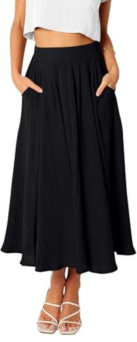 REORIA Damen Maxi Faltenrock Hohe Taille A-Linien Rock Midiröcke Eleganter Langer Rock mit elastischem Bund und Taschen Schwarz L