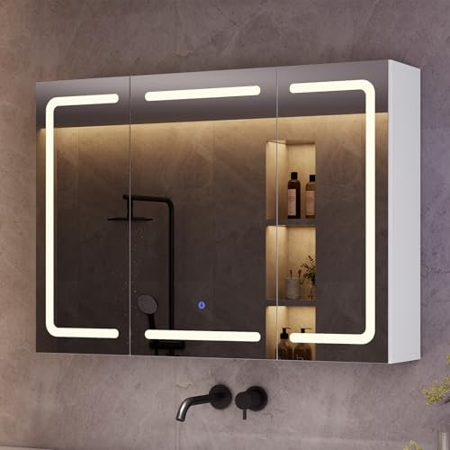 mojiasion Spiegelschrank Bad 80 cm breit mit LED-Beleuchtung, Steckdose & 3 Farbtemperaturen | Dimmbarer Badezimmerschrank mit Touch-Sensor 60×80×16 cm (H×B×T) | Spiegel +3 verstellbaren Regalen