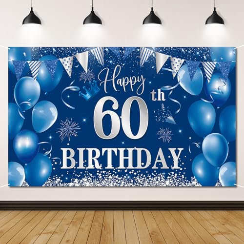 60. Geburtstag Banner Blau, Geburtstagsbanner 60, Geburtstagsdeko für Männer & Frauen, 60 Geburtstag Hintergrund Banner für 60 Party Geburtstagsdeko, 180 * 110 CM