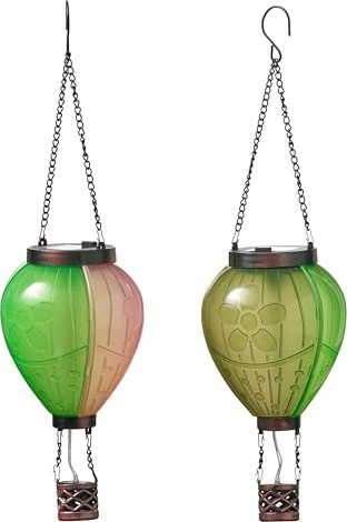 Northpoint LED Solar Laterne Heißluftballon Windlicht Kunststoff Garten Dekoration Solarpanel (2er-Set Grün Pink Türkis Blattmuster)