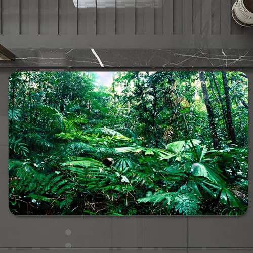 EMCLKS Badteppich rutschfeste,weicher Badezimmerteppich Badematte Badvorleger für Dusche,Badewanne und Toilette,Opal Dschungel Regenwald Palmen und exotische Pflanzen dichte grüne Blätter,60x90 cm