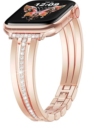 V-MORO Metal Strap for Apple Watch 40mm 41mm 42mm 44mm 45mm 46mm Women | Dressy pretty bling crystal. Luxury slim stainless steel band. Compatible with iWatch SE/Ultra Series 11/10/9/8/7/6/5/4/3/2/1