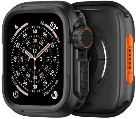SOLOLUP Metall Schutzhülle Kompatibel mit Apple Watch Hülle 46mm,2 in 1 Robuste Rundum Metal Case mit Rücken Gehäuse für Apple Watch Series 11/10 Schutz iWatch 46mm,Schwarz-Orange[Kein Bildschirm]