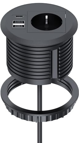 Einbausteckdose mit USB, Dinolink Tischsteckdose mit Schuko, 3 USB Ports, Ø 80 mm, 2 M Kabel, Steckdose Schreibtisch für Büro & Werkstatt,Tischplatte, Schwarz