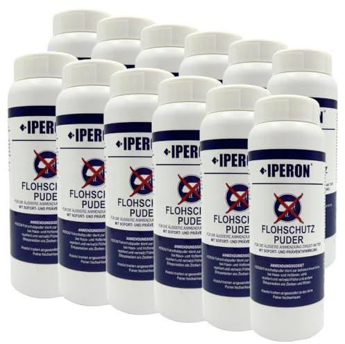 IPERON® 12 x 100 g Flohschutz Puder - Abwehr von Flöhen, Zecken & Milben | Mit natürlichem Geraniol - Wirksame Trockenpflege vertreibt Lästlinge - Sanft zu Haut & Fell von Haus- und Hoftieren