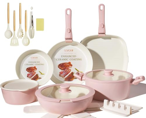 COICUR Set de Poêles et Casseroles 23 pièces Poignée amovible non toxique, sans PFOA, compatible avec induction/gaz, empilable, lavable au lave-vaisselle, Rose
