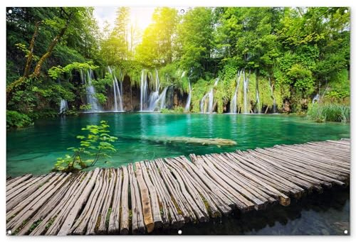 MuchoWow© Gartenposter Outdoor Bilder Gartendeko für draußen Wetterfest | 180x120 cm - Sichtschutz Garten Deko PVC Banner Draußen Bild Brücke - Wasserfall - Natur