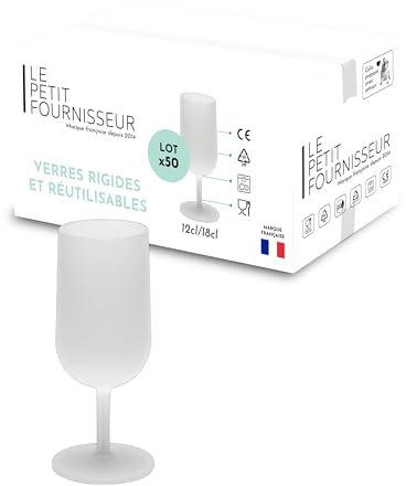 LPF LE PETIT FOURNISSEUR - Lot de 50 Verres à Vin réutilisables 12cl (18cl max) - Polypropylène plastique alimentaire rigide - Verre à pied à eau et vin - Compatible lave-vaisselle - Couleur givrée