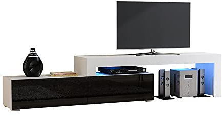 Erweiterbar TV Schrank Lowboard Fernsehtisch 148cm-280cm - Hochglanz Türen - LED (Weiß Matt + Schwarz Hochglanz), M148