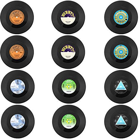 Coolty 12 Stück Retro Vinyl Schallplatten Untersetzer, Rutschfeste Tasse Matte, Isolierte Kaffee Getränke Untersetzer für Tassen Tisch Bar Glas Gläser, 10 * 10 * 0.2cm (Stil C)