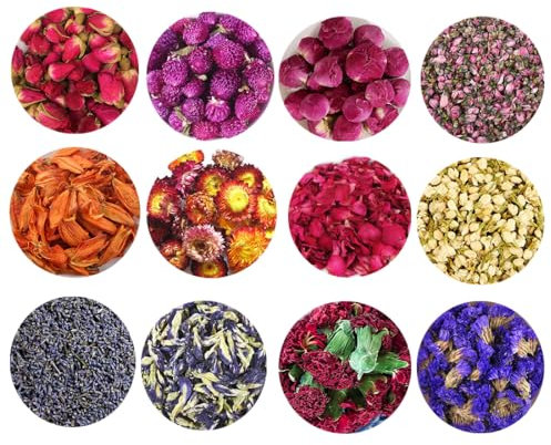 TooGet Flores Secas y Hierbas Accesorios Decoraciones Flor Natural Juego de 12 Bolsas Flores Secas para Bombas de Baño Fabricación de Velas Perfumadas y Manualidades de Flores Secas