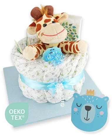 Windeltorte.com – Giraffe | Windeltorte in Blau - inkl. 14 LILLYDOO Windeln | Geschenk zur Geburt | Taufgeschenk | Geschenk zur Babyparty – handgefertigt (1-stöckig)