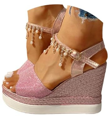 Minetom Sandale Femme Talon Compensé Chunky Chaussure Sandale Plateforme Cheville Perle Strass Talon Plateforme Sandales A Rose 39 EU