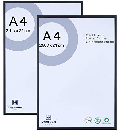 YEEPHAN A4 Aluminium Schwarzer Fotorahmen mit kunststoffglas-Sicherheitsglasfront,21 x 30 cm Metallbilderrahmen,Zertifikatsrahmen für Wandhalterung und Tischdisplay,2er-Set