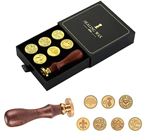 Wachsstempel-Set 7 Stück Mit Messingköpfen Und 1 Holzgriff - Siegelwachs Vintage Modell Abnehmbar Trockenstempel