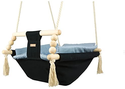 Babyschaukel Kleinkindschaukel Babyliegeschaukel Stoffschaukel Babywippe Wiege (Muster: schwarz, hellblau)