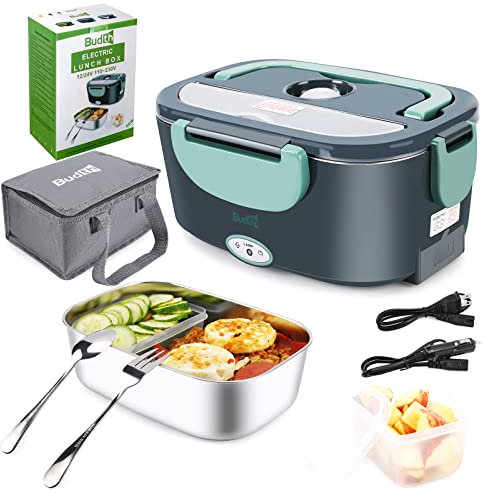 Budth Lonchera eléctrica de 80 W, calentador de alimentos portátil para coche, camión, oficina, adaptador de 12 V, 24 V, 110 V, a prueba de fugas, recipiente de acero inoxidable 304, tenedor y cuchara