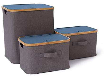 Lumaland Bambus-Rahmen Aufbewahrungsbox 3er Set rechteckig hoch | Boxen in den Maßen 40,5 x 33 x 45 cm und 2x 38 x 26 x 23 cm [Grau/Blau]