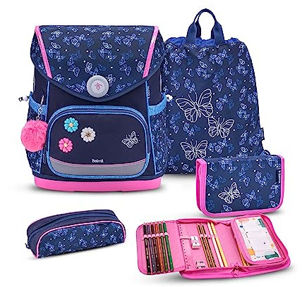 Belmil Premium Compact Plus ergonomisches Schulranzen Set 5 - teilig, AGR, Brustgurt, Hüftgurt, Magnetverschluss (405-41/P/S) (Sapphire)