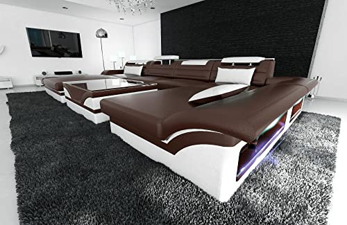 Wohnlandschaft Monza U Form Sofa Ledersofa - mit LED Beleuchtung, verstellbare Kopfstützen, Recamiere/Lederfarben wählbar/Ausrichtung wählbar (Ottomane Links, Dunkelbraun-Weiß)