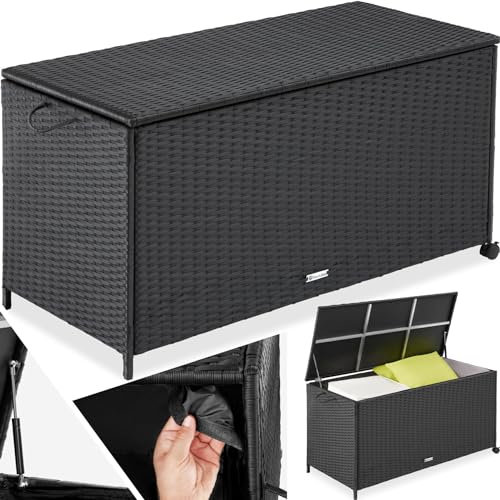 tectake® Coffre de jardin Exterieur, Coffre à Coussins 297 L en Aluminium Polyrotin 117 x 54 x 64 cm avec Roulettes, Couvercle Rabattable, Poignées pour Rangement des Outils de Jardin, Matelas, Jouets
