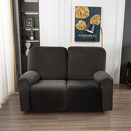 Mingfuxin Reclining Love Seat Slipcover, 6-teiliger Samt-Stretch-Loveseat Recliner Sofa Covers, weicher Plüsch 2-Sitzer Reclining Sofa Couch Slipcovers (Recliner Loveseat, Dunkelgrau)