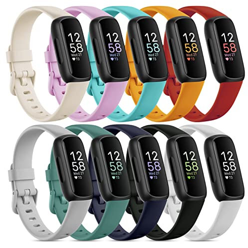 Farluya Lot de 10 bracelets de rechange en silicone souple pour montre connectée Fitbit Inspire 3 pour homme et femme, Lot de 10, Small(5.5 -8.1), Réglable