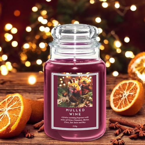 FabFinds Large 18oz Scented Glass Jar Candle Natural Soy Wax Gift Fragrance (Free FabFinds 8pcs Wax Melt) Burn Time: 104 Hours (Mulled Wine)