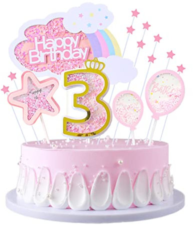 JKJF 3. Geburtstag Tortendeko Mädchen - Kuchen Topper Regenbogen Wolken Happy Birthday Kuchendeko Sterne Luftballon Cake Toppers für Kinder - Rosa