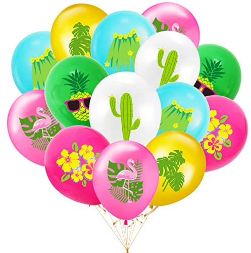 Hawaiian Tropical Balloons, 18 PCS Party Pineapple Flamingo Cactus Palm Leaves Printed Latex Balloons for Summer Birthday Beach Swimming Party(12 inch)