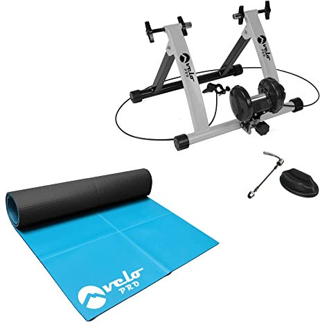 Velo Pro Turbo Trainer und Übungsmatte Bundle, variabler Widerstand, magnetischer Indoor-Fahrradtrainer für Straßen- und Mountainbikes, stationärer Heimtrainer-Ständer, echtes Straßengefühl, 66-71,1