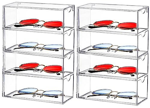 Nicunom 2 Pack Sunglasses Organizer Acrylic, Clear Eyeglasses Case with 4 Drawers, Eyewear Storage Display Case, Stackable Eyeglasses Holder for Women & Men Eyewear, Clear, 6.6 x 24.6 x 17.5cm