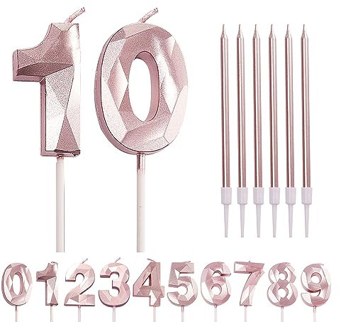 HONGCI Number Candle Rose Gold 10 10th Birthday Candles for Cake, Pink Happy Cake Topper Girls Wedding Anniversary Decorations