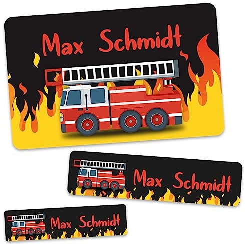 GRAVURZEILE Schuletiketten - Feuerwehr Design - Personalisiert mit Namen - 100 Aufkleber in 3 Größen für das Beschriften von Schulsachen Hefte Bücher - Geschenk zum Schulanfang zur Einschulung
